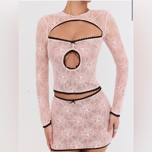 Mistress Rocks house of CB pink Peony Lace long sleeve cutout top contrast trim